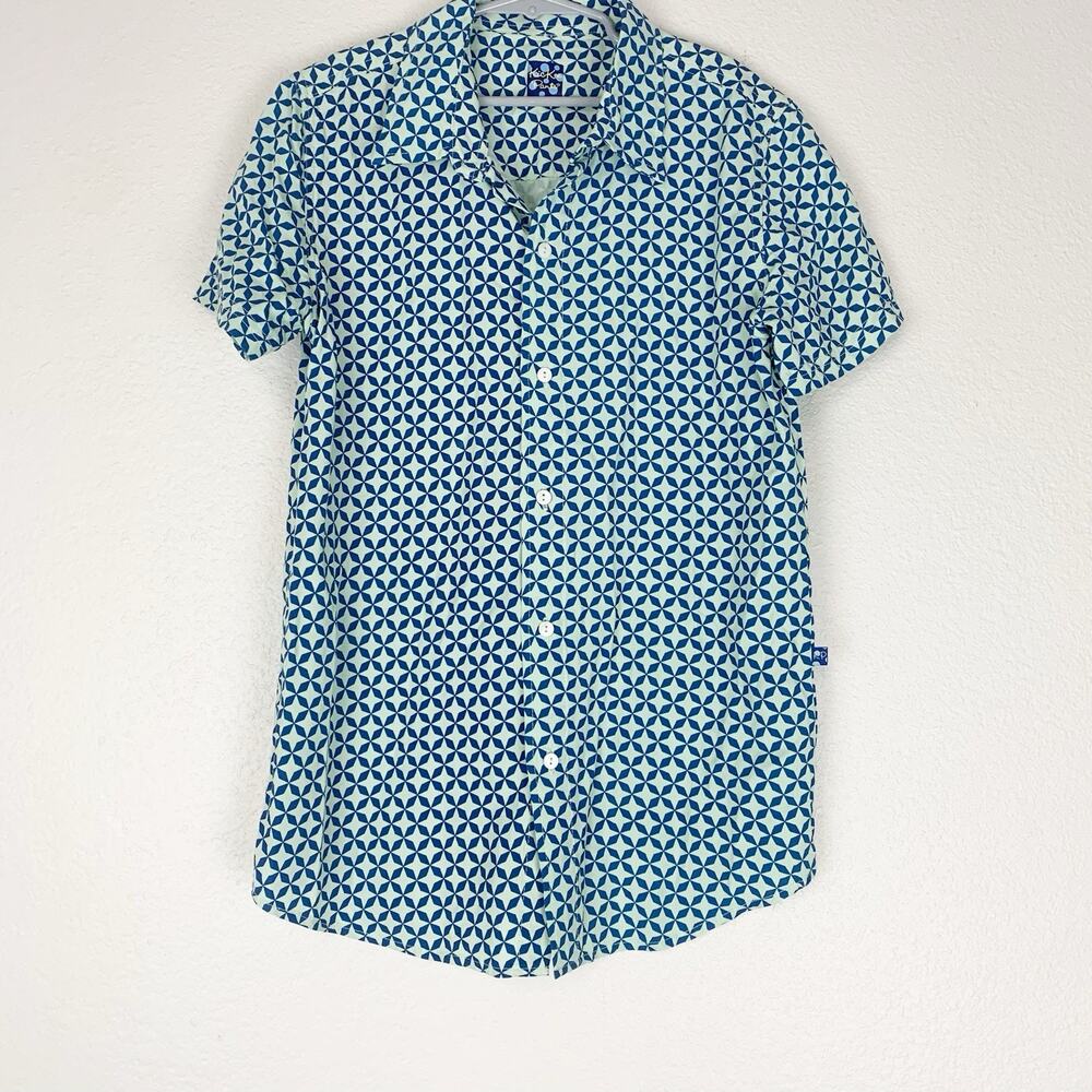 Kickee Pants Shirt Boys XL 12/14‎ Button Up Geometric Short Sleeve Blue Kids